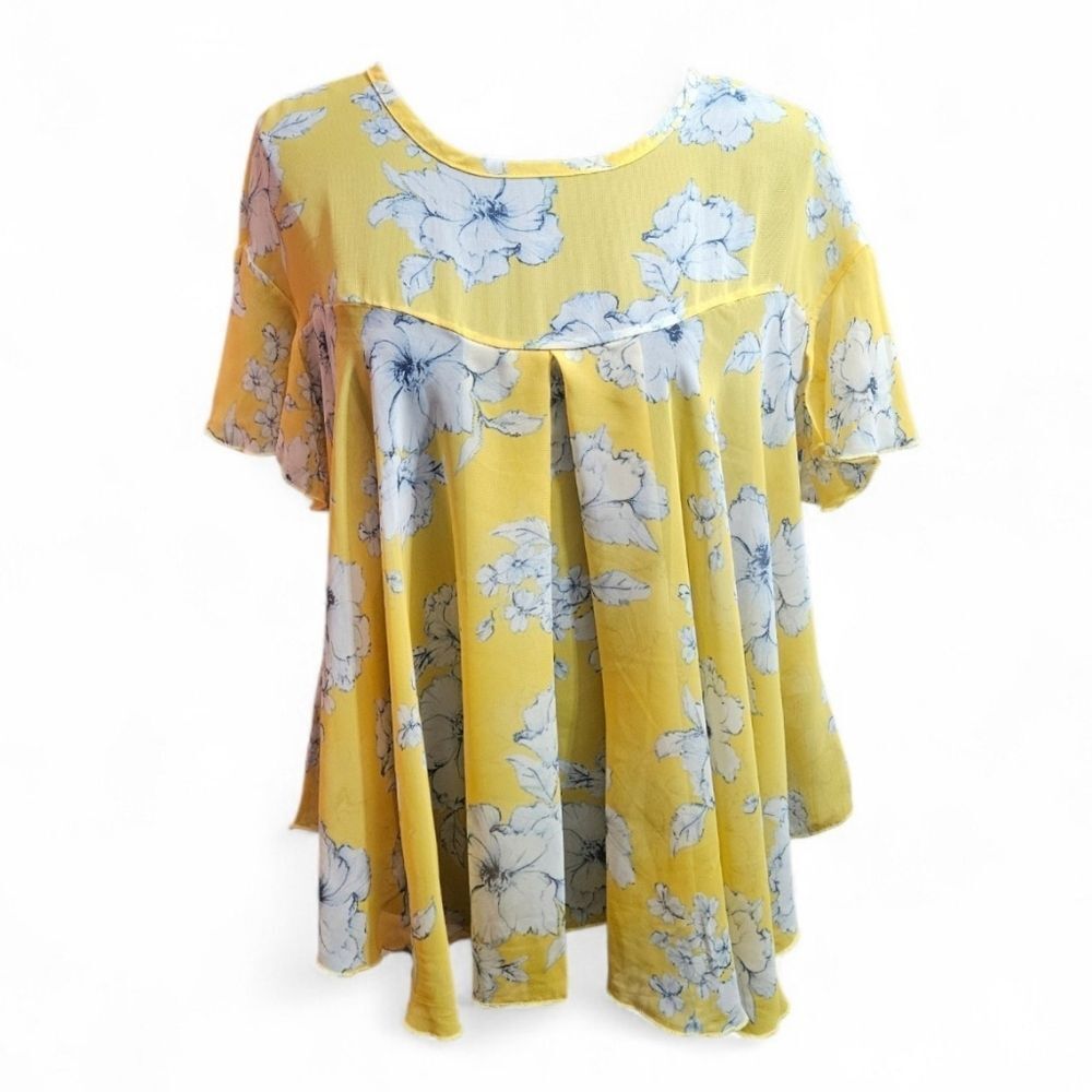 Red Lolly Yellow Floral Semi Sheer Blouse P2P 22" Size Small